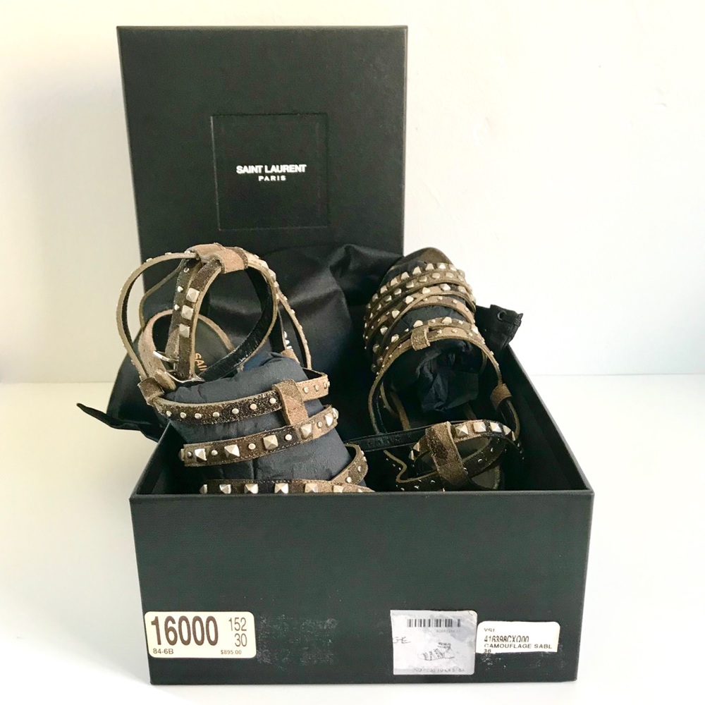 NEW YEAR SALE! NWT SAINT LAURENT RUGGED SUEDE CAMOUFLAGE SILVER STUDDED SANDAL - Picture 14 of 14
